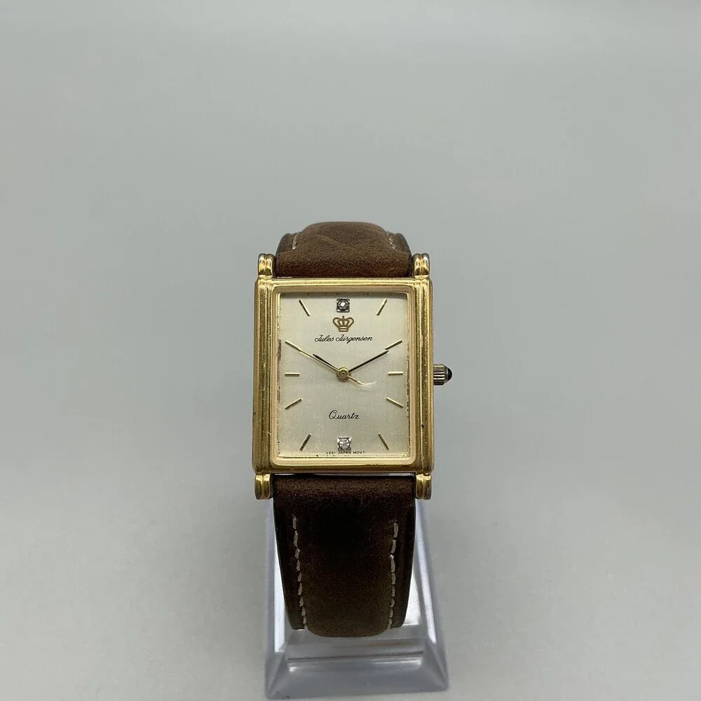 Jules Jurgensen 6741 Mens Watch 25mm Gold Tone Brown Leather New Battery